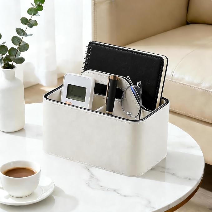 PU Leather Remote Control Holder, Desk Caddy Organizer with Handle Beige | 3 Compartments Portable Remote Organizer, Remote Caddy Bedside Holder for Office Storage Supply Organizer