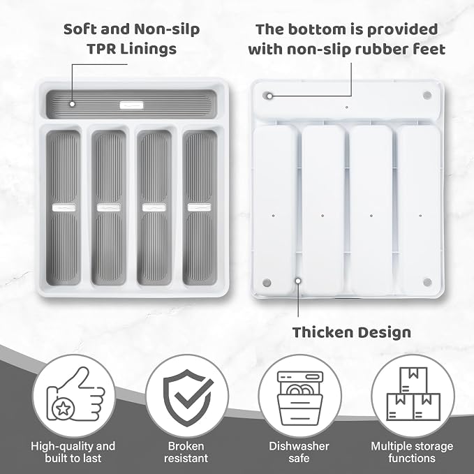 shopwithgreen Silverware Organizer with Cutlery Icons，Silverware Tray for Kitchen Drawer，Plastic Flatware Drawer Organizer Utensil Organizer with Non-slip TPR Linings，5-Compartment Silverware Caddy