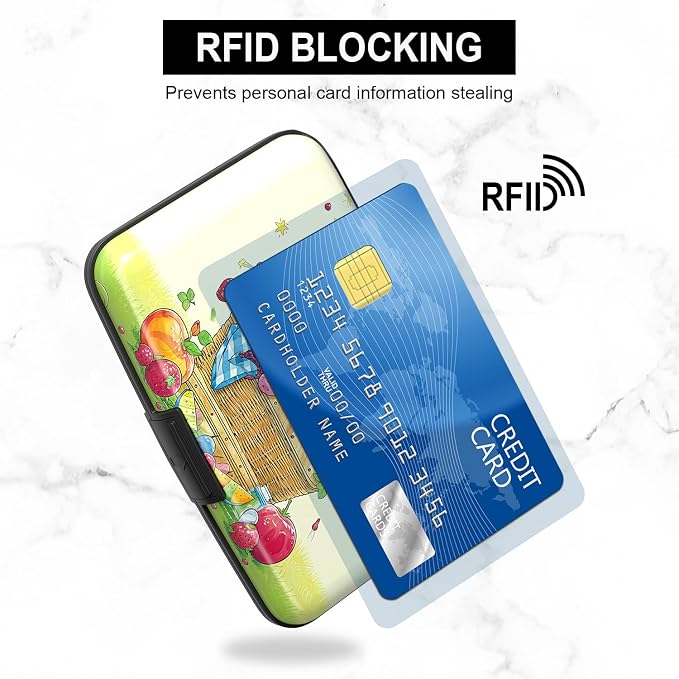 Credit Card Holder, Mini Aluminum Card Wallet RFID Blocking Slim Metal Hard Card Case for Women Men, Fruit Cat