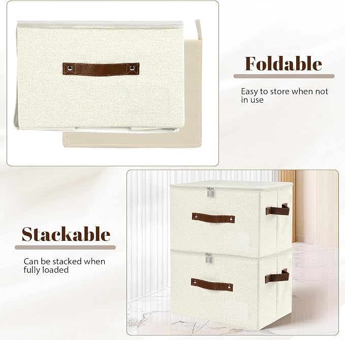 ANMINY Fabric Storage Box Bins with Zipper Lid, Washable Beige | Cotton Linen Fabric, PP Board Frame, Label Holder, Stackable & Foldable, PU Handles, Dual-Zipper 3-Side Open Lid, Medium
