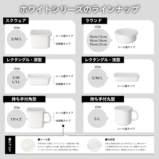 Nodahoro WRA-M Enameled Storage Container, Heat-Resistant, Rectangle, Shallow Type, Size M, Includes Seal Lid, Visible Contents White Series, Made in Japan