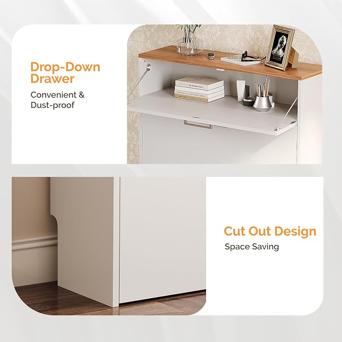 VINGLI Set of 2 Shoe Cabinet for Entryway, 2-Pack 31.5" W Extra Wide Slim Shoe Organizer with 2 Flip & 1 Drop-Down Drawers, Modern White Shoes Rack with Oak Top, Narrow Cabinet for Hallway