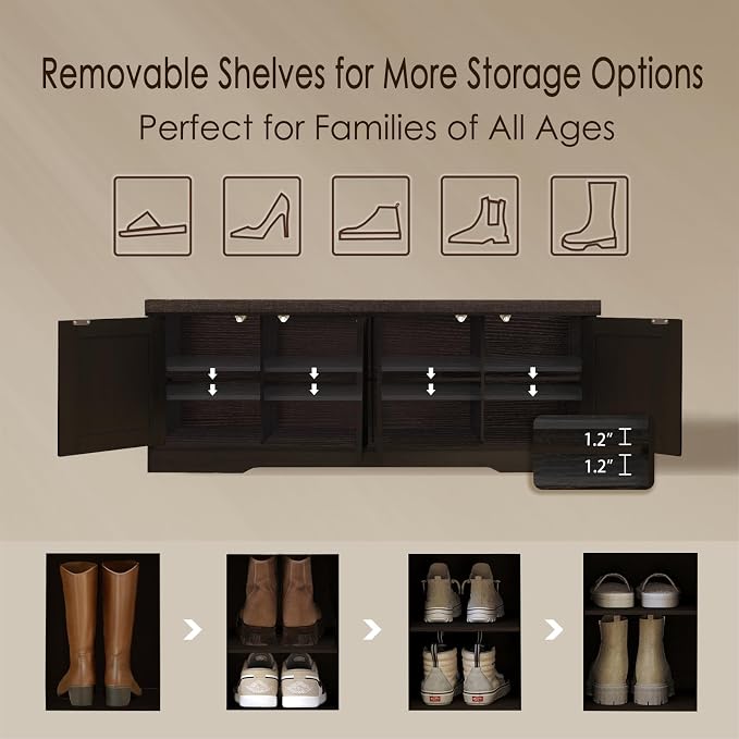 DINZI LVJ Shoe Storage Bench with Cushion, Entryway Bench with Seat & Doors | 2-Tier Cabinet Bench Fits 8 Shoes, Adjustable Shelves for Boots, Easy Assembly, Farmhouse, Bedroom, 47.2"W, Rattan, Espresso