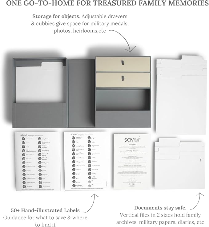 Savor | Family Archives Keepsake Organizer | Keep Treasured Family Heirlooms and Genealogy, Ancestry, Birthplace and Family Tree Documents Organized and Safe in One Convenient Home