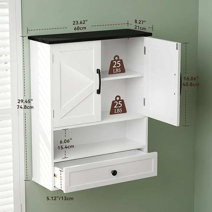 Farmhouse Bathroom Wall Cabinet, 30" x 24" Wall Mounted Storage Cabinet with Barn Door and Drawer, Over Toilet Bathroom Organizer for Bathroom, Laundry Room
