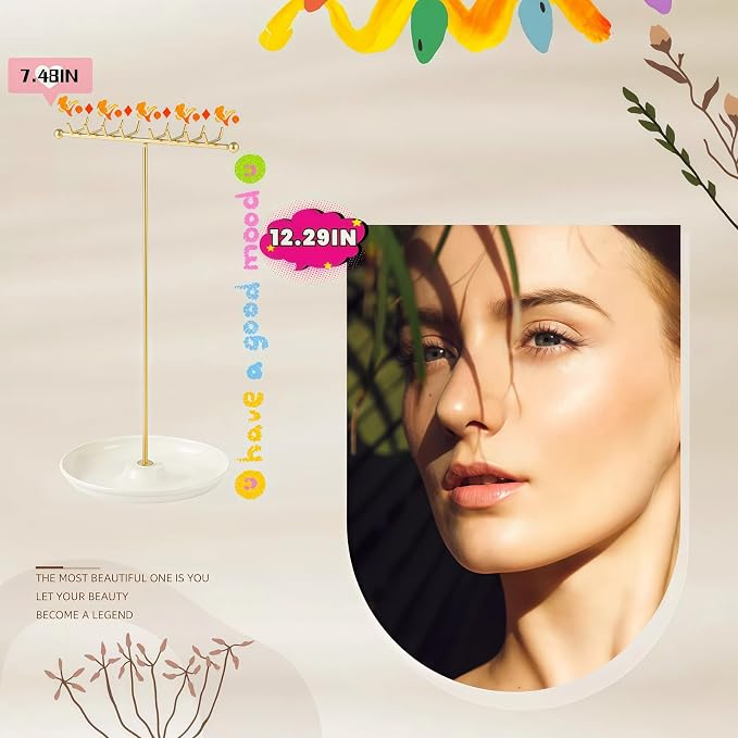 Gold Necklace Holder with Tray - 16 Hooks for Hanging Jewelry | The Tray Space is Suitable for Multifunctional Storage of Earrings, Rings, Lipstick, Watches & More - Jewelry Organizer