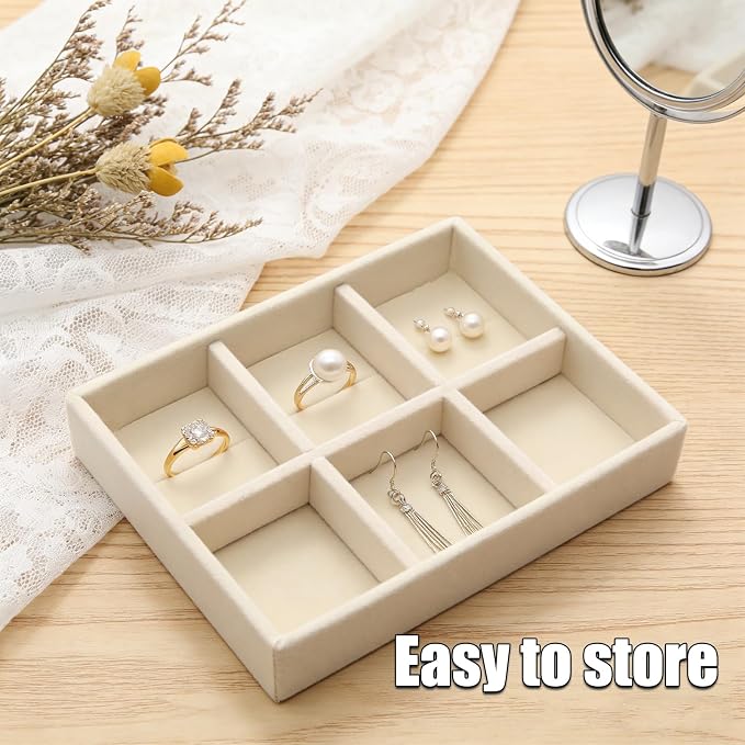 Small Jewelry Tray Set 4 Pcs Beige Velvet Stackable Jewelry Organizer Tray Mini Jewelry Drawer Organizer for Necklace Ring Earrings Jewelry (4 Styles)
