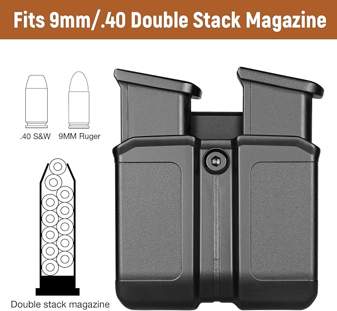 Universal Double Magazine Holder for 9mm/.40 Double Stack Mags, OWB Magazine Holster with Belt Clip, Fits Glock 17/19/ Sig P320/ Hellcat Pro/Echelon/S&W/Taurus/Beretta/H&K/CZ/Walther & More
