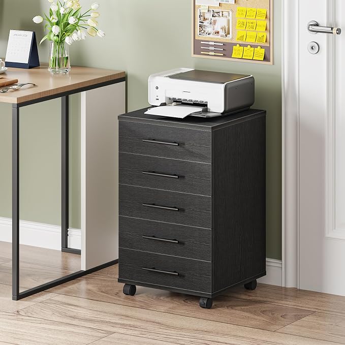 HOOBRO 5-Drawer File Cabinet, Office Cabinet with Drawers, Wooden Storage Cabinet with Wheels for Makeup, Home Office, Study, Easy Assembly, Black BK05WJ01