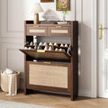 HOKYHOKY Rattan Shoe Storage Cabinet with 2 Drawers & 2 Flip Drawers – Hidden Slim Shoe Organizer for Entryway, Large Tabletop Space, Farmhouse Boho Narrow Shoe Rack, Walnut