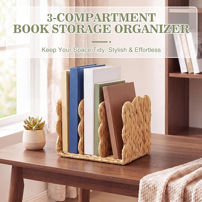 Novabright Scalloped Water Hyacinth Magazine Holder, Wicker Rattan File Organizer, 3 Vertical Compartments Desktop Paper Sorter for Binders, Notebooks, Envelopes, Woven Boho Office Desk Organizer