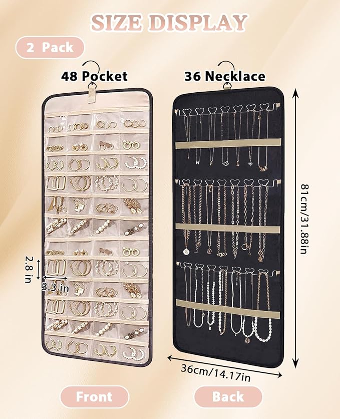 2 Pack Hanging Jewelry Organizer for Closet, Double Sided 36 Necklace Hooks 48 Pockets Holder