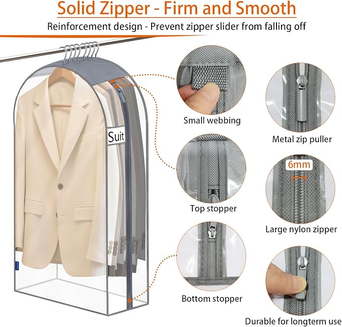 Clear Garment Bags for Hanging Clothes 10" Side Gusset, Suit Bags for Closet Storage, Suit Cover for Shirts Coats Dresses (24"X42"X10" 5Pack)