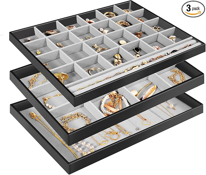 ProCase Stackable Large Jewelry Drawer Organizer, 3 Pack Velvet Jewelry Organizer Tray with Removable Dividers for Earring Necklace Bracelet -Black