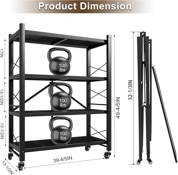 Folding Shelves with Wheels No Assembly, Foldable Metal Shelf Storage Rack for Kitchen, Garage, Vendor Display Events (4-Tier)