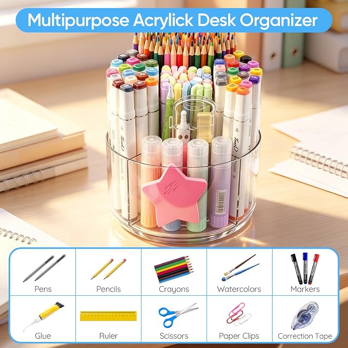 JIKIOU 430pcs Acrylic Pencil Holder Marker Organizer 360-Degree Rotating | 5.9 inch higher, durable acrylic made,multipurpose 5 square slots, large capacity for holding 430pcs pencils or 200pcs pens