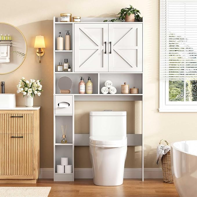Vabches Over The Toilet Storage Cabinet with 2 Barn Doors, White | Toilet Paper Holder Stand，Home Space-Saving Toilet Rack, for Bathroom, Restroom, Laundry