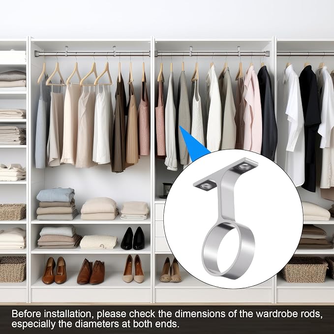 LEIFIDE 2 Pcs 1 5/16 Inch Diameter Round Wardrobe Closet Rod Suspended Center Support with Installation Screws Curtain Closet Rod Ceiling Mount Bracket for Home Wardrobe (Satin Silver)