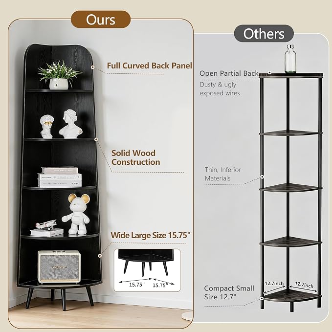 VECELO 5-Tier Curved Corner Shelf, 66.93" Tall Freestanding Corner Bookshelf, Wood Grain Narrow Corner Storage Display Rack with Wooden Legs for Living Room Bedroom Small Space, Natuarl Wood