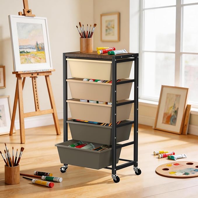 Rolling Cart with 5 Drawers, Plastic Drawer Storage Carts with Wheels & Wooden Tabletop, Metal Utility Cart for Office Bedroom Living Room Classroom, Craft Organization and Storage, Brown
