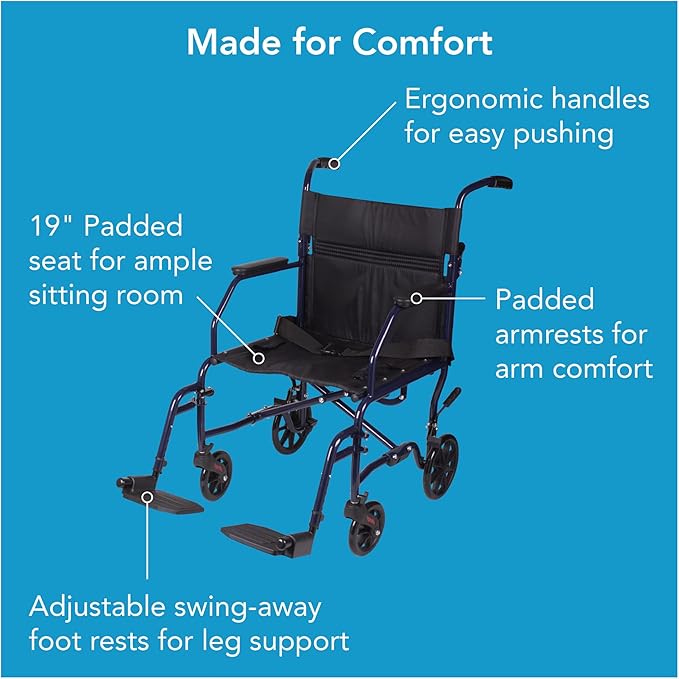 Carex Transport Wheelchair With 19 inch Seat, Folding Transport Chair with Foot Rests, Foldable Lightweight Wheelchair Foldable for Storage and Travel