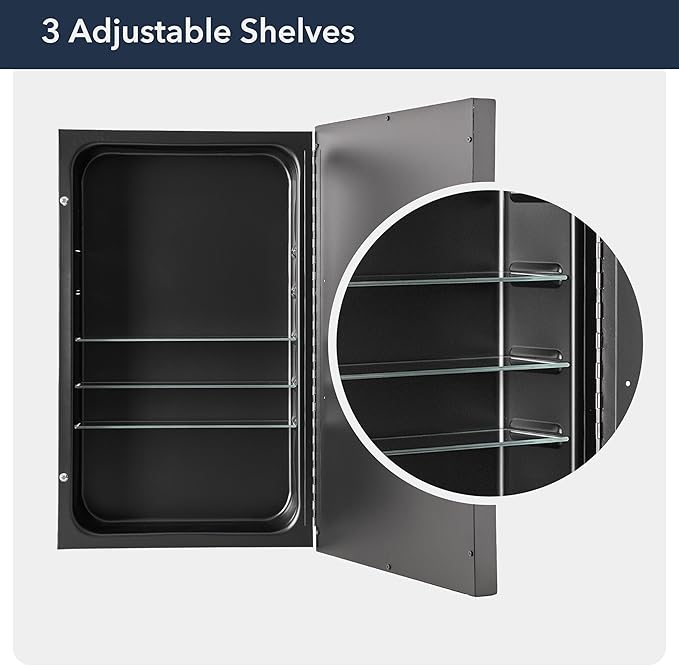 Head West Brushed Black Recessed Medicine Cabinet Mirror 16" x 26", Bathroom Wall Mount Storage Organizer with Glass Shelves