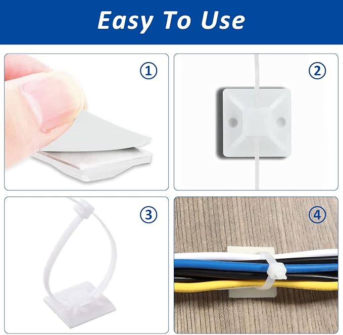 100 Set Cable Zip Tie Self Adhesive Mounts Kit with 6" Zip Ties, 3/4" Wire Holders Squares, Screws - Sticky Wire Fasteners Cable Clips Management Anchors Organizer - White