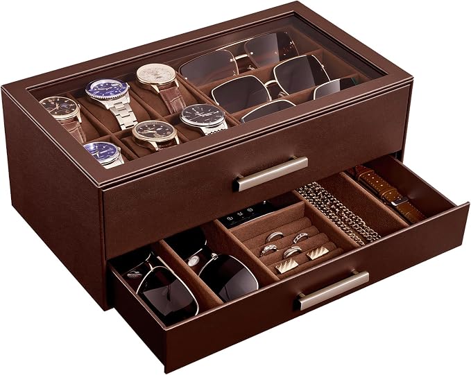 ProCase Watch Case, Mens Jewelry Box for 6 Watch & 5 Sunglasses -Brown | Pull-Out Drawer 2-Tier Leather Watch Organizer with Glass Display Top, fit Watches Size Up to 50 mm, Gift for Men & Women