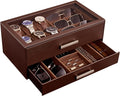 ProCase Watch Case, Mens Jewelry Box for 6 Watch & 5 Sunglasses -Brown | Pull-Out Drawer 2-Tier Leather Watch Organizer with Glass Display Top, fit Watches Size Up to 50 mm, Gift for Men & Women