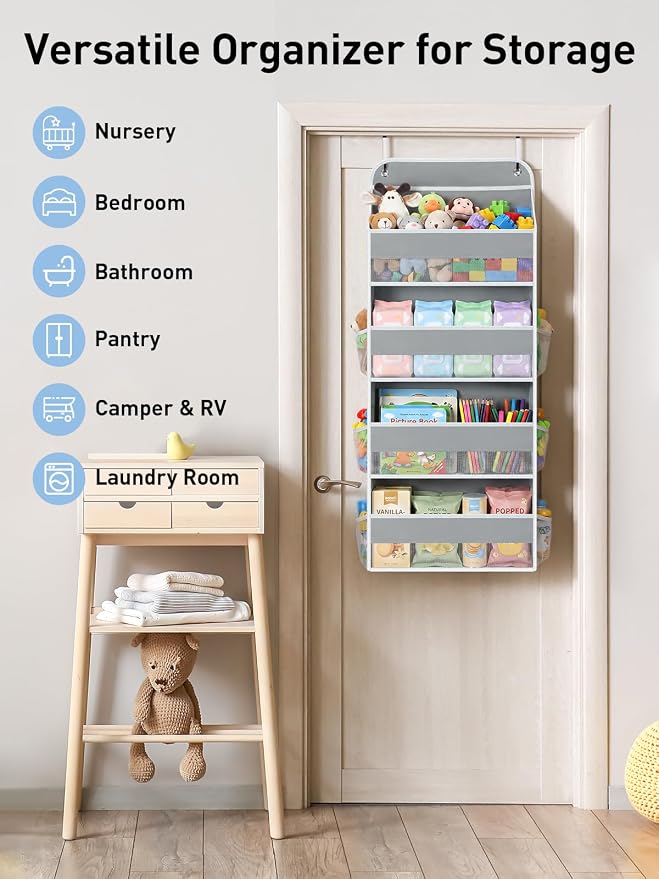 Yecaye Over the Door Organizer, Stuffed Animal Storage, Bathroom Organizers and Storage for Nursery Newborn Baby Essentials Stuff Dorm Room, Widen by 7cm, Deepen by 3cm, Grey 4 Tier Extra-Large