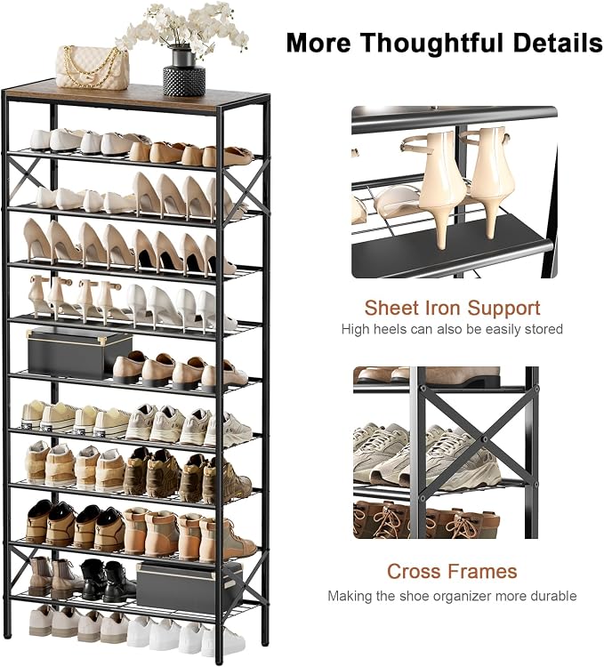 10-Tier Tall Shoe Rack Organizer Shoe Storage for Entryway 30-40 Pairs Metal Shoe Rack for Closet Heavy-Duty Shoe Rack with Wooden Top Shelf for Garage Rustic Brown