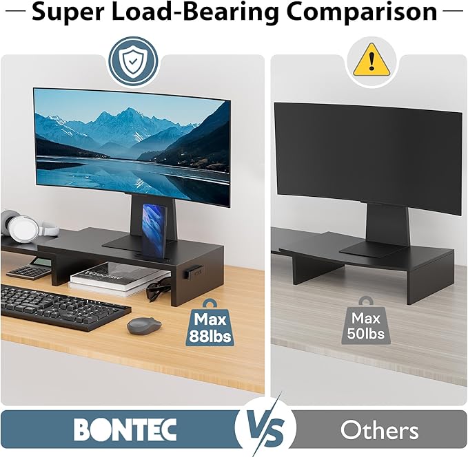 BONTEC Dual Monitor Stand Riser with Smartphone Holder, Adjustable Length & Swivel Angle, Ergonomic Wooden Desktop Organizer for PC Monitor, Laptop, Printer, Large Storage, 42.5 in, Black
