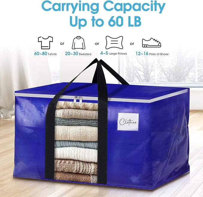 BlissTotes 4 Pack Moving Bags with Clear Window, Storage Bags with Strong Carrying Handles & Zippers,Large Packing Bags for Saving Space, Alternative to Moving Boxes(Blue,24 Gallon)