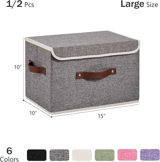 Storage Bins Box with Lids Decorative Cotton Linen Fabric Baskets Cubes with Handles PP Plastic Board Foldable Washable Lidded Clothing Shelf Closet Organizer Container (Gray, Large)