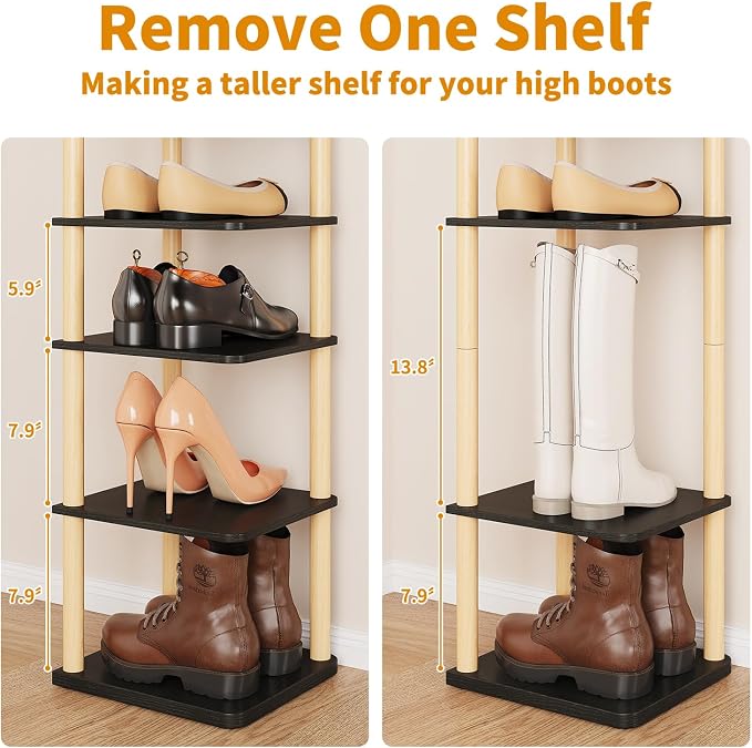 8 Tiers Vertical Shoe Rack, Tall Narrow Shoe Tower, Corner Shoe Rack, black | Small Shoe Organizer for Entryway, Closet, Dorm & Small Spaces, Freestanding Wooden Shoe Shelf for Boots, Sneakers, Heels.