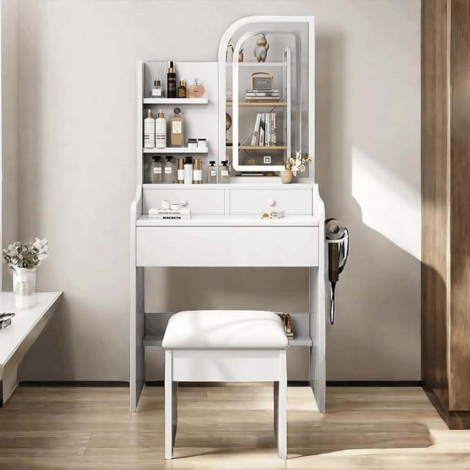 Small Makeup Vanity Desk with Mirror and Lights, Vanity Table Set with Storage Drawer & Open Shelves, 3 Lighting Colors, Adjustable Brightness White Makeup Vanity with Stool (Style A)