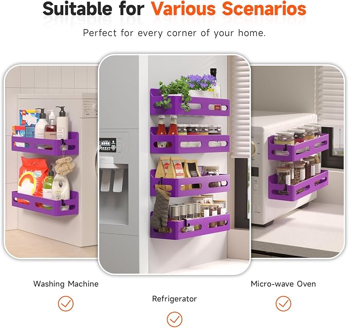 Sevenblue 4-Pack Magnetic Spice Rack for Refrigerator with Hooks, Purple | Strong multipurpose magnetic shelf for kitchen & bathroom organization. Includes 4 removable hooks for hanging items.