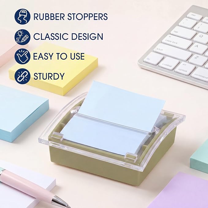 Junkin 1 Pcs Pop up Sticky Note Dispenser 3 x 3 Inch Sticky Note Holder with Transparent Top Colorful Base for School Office Home Store Desk Supplies (Olive Green)