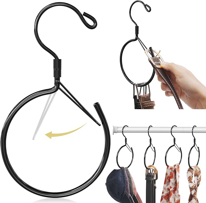 Supforce 4 Pack Belt Hanger, 360° Swivel Belt Hanger for Closet, Belt Organizer for Closet, Holds Ties, Scarves, Bags, Hat & Accessories, Black