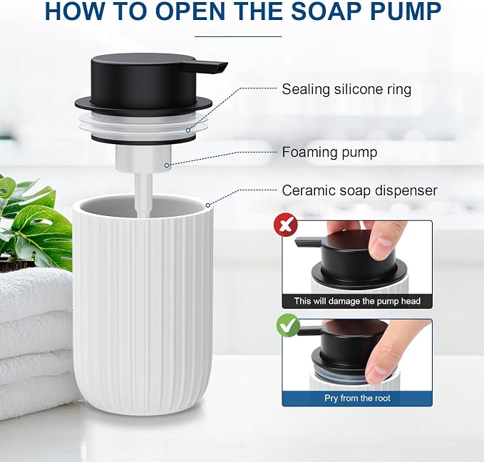 Ceramic Foaming Soap Dispenser, 12 oz Bathroom Foam Hand Soap Dispenser, Refillable Lotion Soap Dispenser with Removable Pump for Kitchen Hand Wash Dispenser, Modern Home Decor(White)