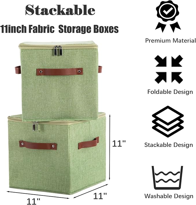 11inch Storage Boxes Cubes with Zipper Lid Collapsible Fabric Lidded Storage Bins Baskets PU Leather Handle Cotton Linen Decorative Shelf Closet Organizer Container (Green, 1PCS)