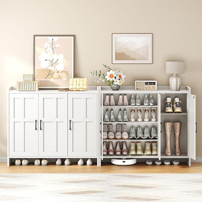 HOOBRO Shoe Cabinet Storage for Entryway, Set of 2, Wooden Shoe Organizer Cabinet with 3 Doors, 42.1" Freestanding Shoe Cabinet Storage for Closet, Large Capacity, White WT01SCP201