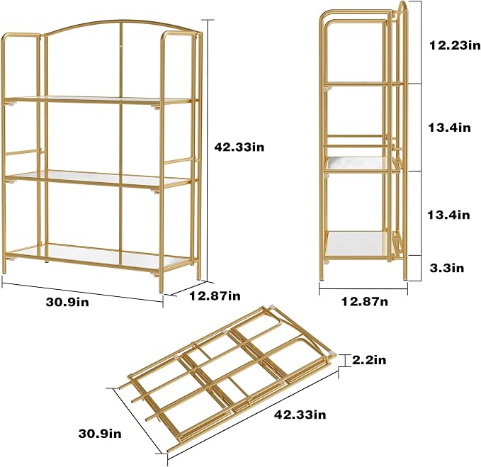 Crofy 3-Tier Wider Foldable Bookshelf, Gold Frame & Transparent Shelves | No-Assembly Collapsible Portable Storage Organizer; Sturdy Transparent Shelves; Ideal for Living Room & Home Office