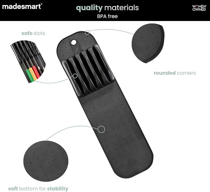 madesmart Premium Knife Mat, Soft-Grip Slot Organizer for 5 Knives, Non-Slip Drawer Insert Protects Blades and Drawers, Space-Saving Kitchen Knife Storage, Black