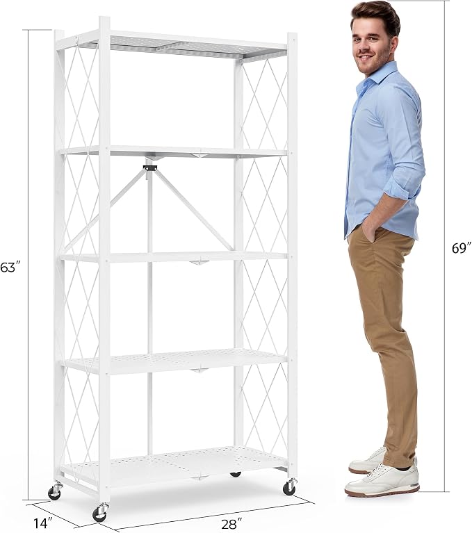 Fenbeli 5 Tier Storage Shelf with Wheels - Metal Collapsible Shelving Unit Display, Heavy Duty Folding Shelves, No Assembly Organizer Rack for Garage Kitchen, Basement, Pantry (White, 5 Tier)