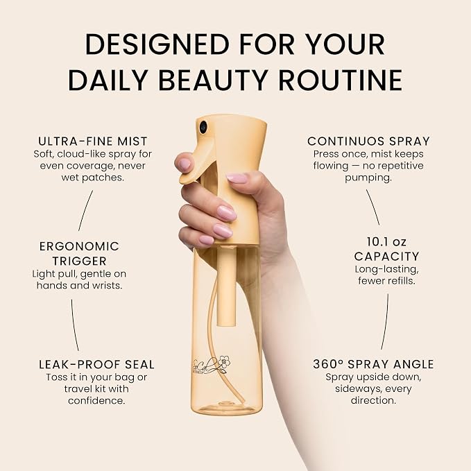 Continuous Spray Bottle for Hair – Slim Design - Fine Mist Water Sprayer for Hairstyling, Curly Hair – Refillable Mister Bottle with 360 Spray – Travel Size Hair Water Bottle