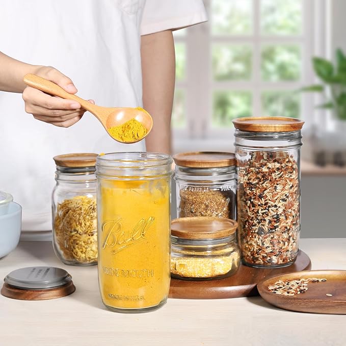 Wooden Storage Lids for Ball/Mason/Kerr Jars, Food Grade Material, Reusable canning lids with Silicone Seal, 100% Fit & Airtight for Jars (12PCS-Regular)