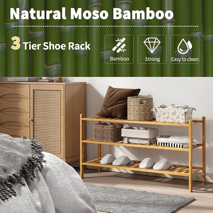 Long Shoe Rack, 3-Tier Bamboo Stackable Shoe Shelf Storage Organizer, Shoe Stand for Closet, Entryway and Hallway