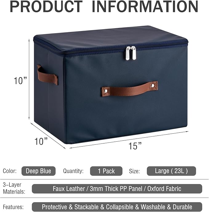 Storage Bin Box with Zippered Lid Decorative PU Leather Basket | Foldable Washable Stackable Clothing Container, Shelf Closet Organizer, with Handles & PP Plastic Boards, Deep Blue-Large