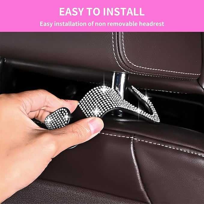 4PCS Bling Car Seat Headrest Hooks, Vehicle Back Seat Purse Handbag Hanging Holder with Crystal Rhinestone, Diamond Storage Organizer Hook,Bling Car Accessories for Women (Colorful)
